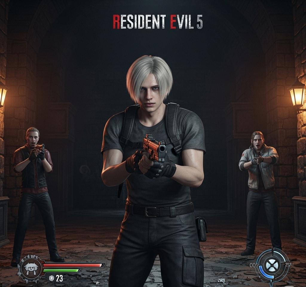 تصویری از محیط بازی Resident Evil 5 با سه شخصیت اصلی و عناصر رابط کاربری بازی